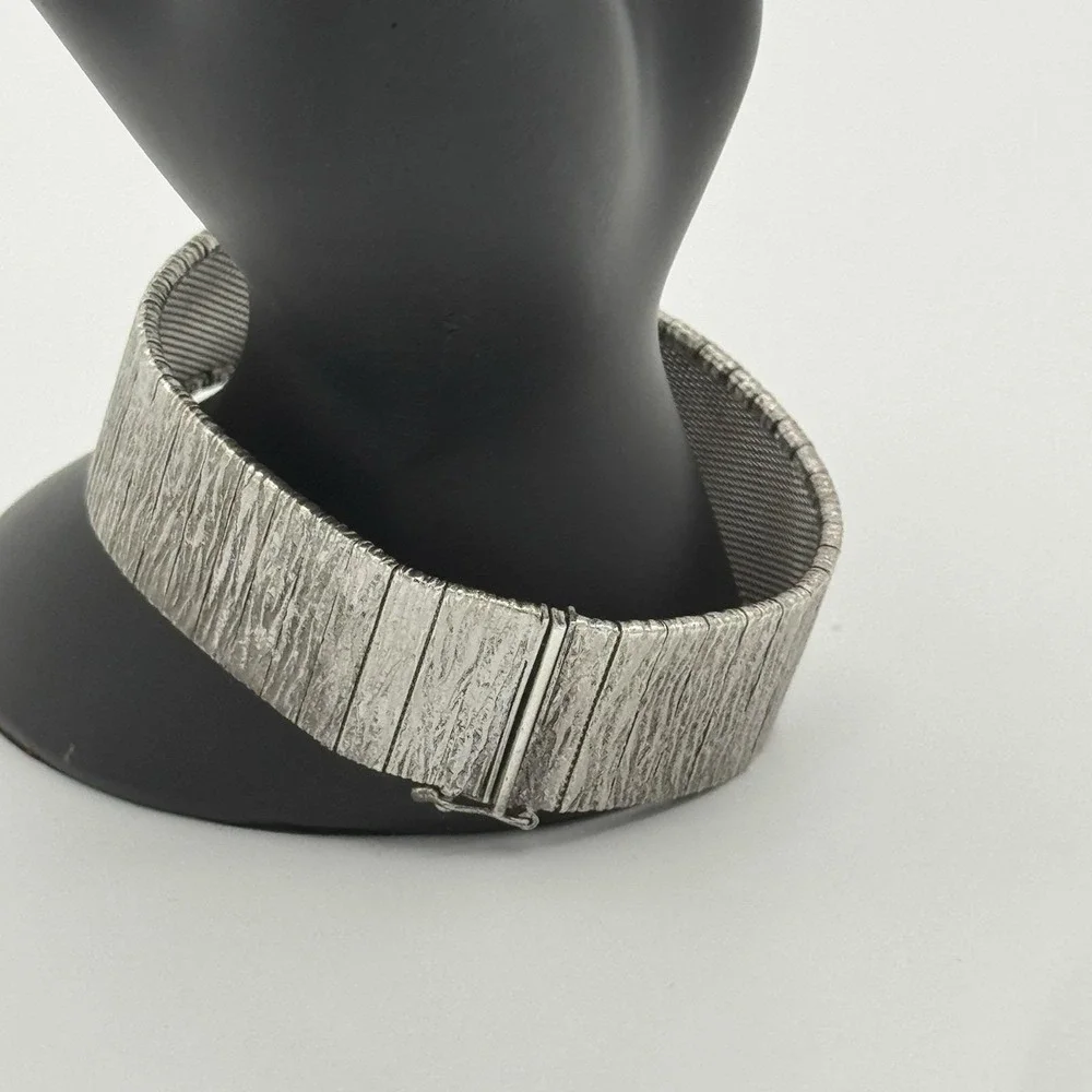 Vintage Sterling Silver Wide Mesh Bracelet Box Clasp Brutalist Modernist Brushed